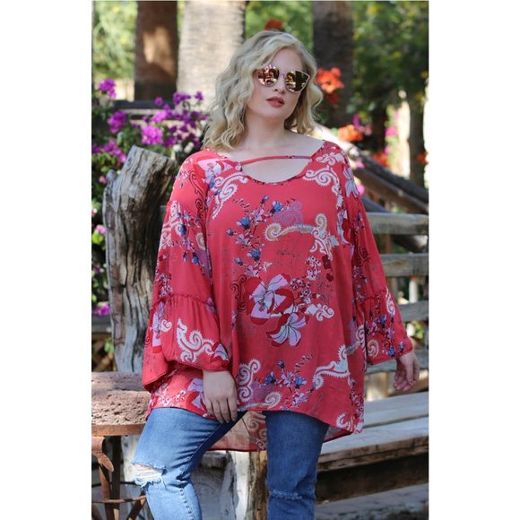 Angie Floral Ruffle Seam Bell Sleeve Tunic - Picture 6 of 6